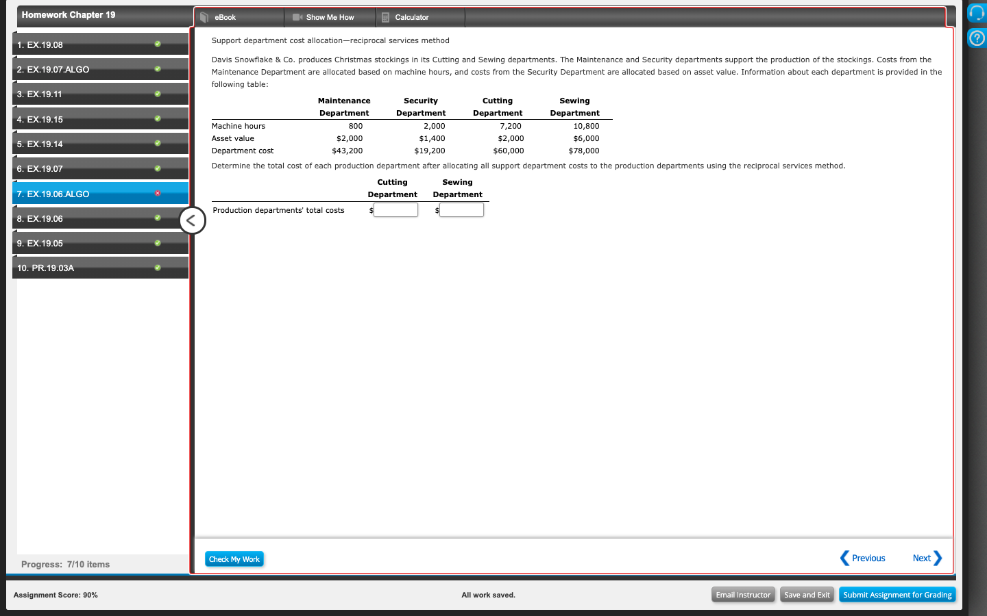  Homework Chapter 19 eBook Show Me How Calculator 1. EX.19.08 Support