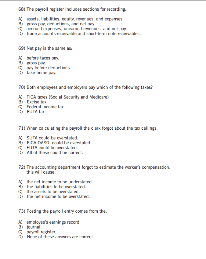The payroll register includes sections for recording: assets, liabilities, equity, revenues,