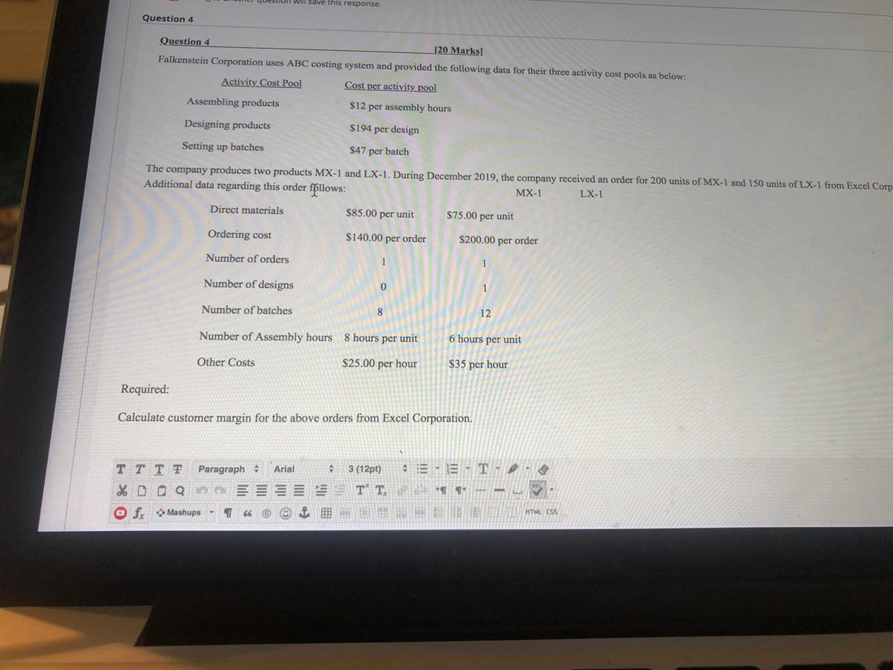 will save this response. Question 4 Question 4 120 Marks Falkenstein