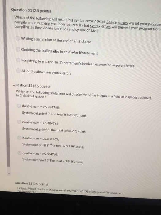Java labs 12 Bell laboratories 15 Question 29 (2.5 points) Which type