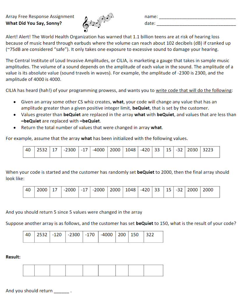  Array Free Response Assignment What Did You Say, Sonny? name: date