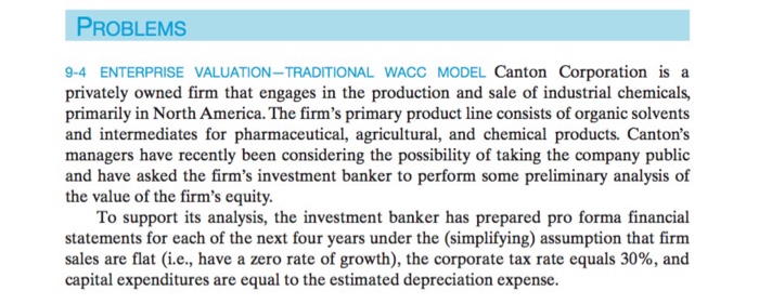  Problems 9-4 ENTERPRISE VALUATION-TRADITIONAL WACC MODEL Canton Corporation is a privately