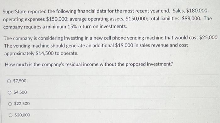  SuperStore reported the following financial data for the most recent year
