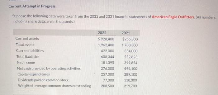  Current Attempt in Progress Suppose the following data were taken from
