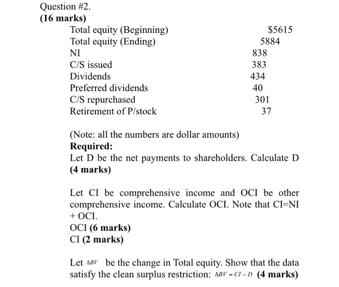  Question #2. (16 marks) Total equity (Beginning) Total equity (Ending) NI