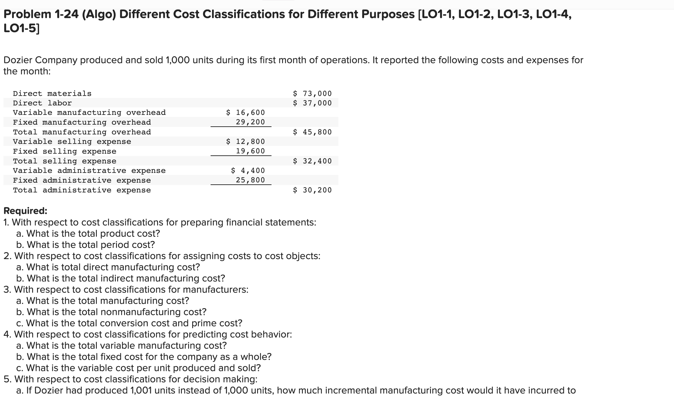 help me with the answer Problem 1-24 (Algo) Different Cost Classifications for