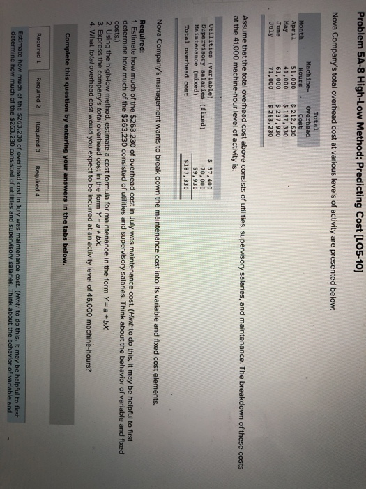  Problem 5A-8 High-Low Method; Predicting Cost (L05-10) Nova Company's total overhead
