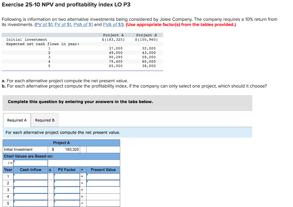 How do I solve the following question. Exercise 25-10 NPV and profitability