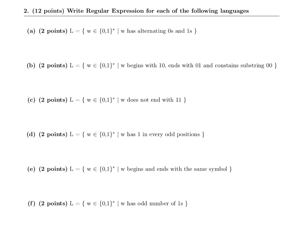 2. (12 points) Write Regular Expression for each of the following