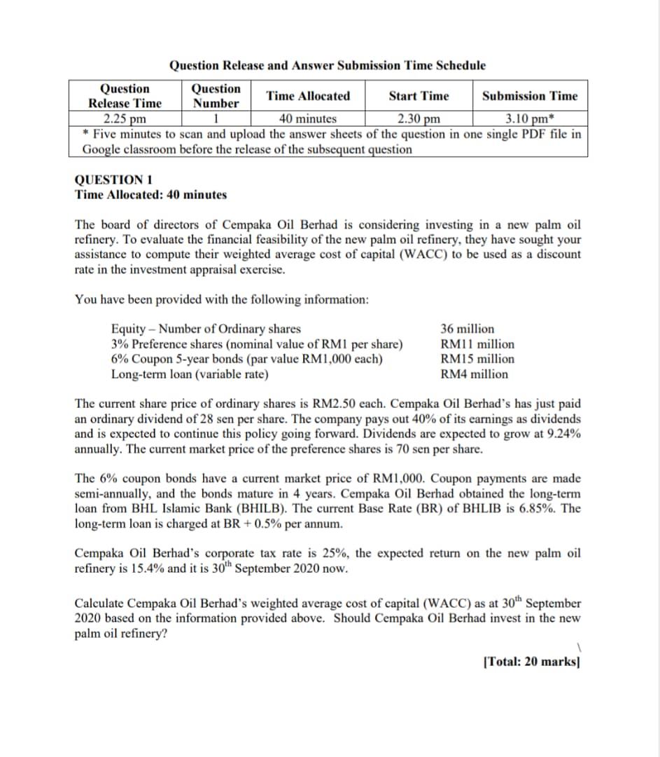 Question Release and Answer Submission Time Schedule Question Question Time Allocated