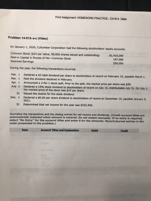  Print Assignment: HOMEWORK PRACTICE - CH #14 falso Problem 14-01A a-c