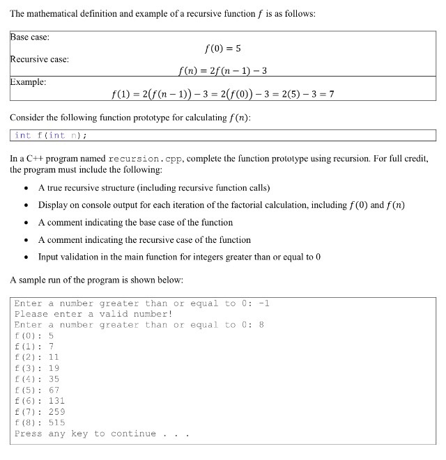  C++ The mathematical definition and example of a recursive function f