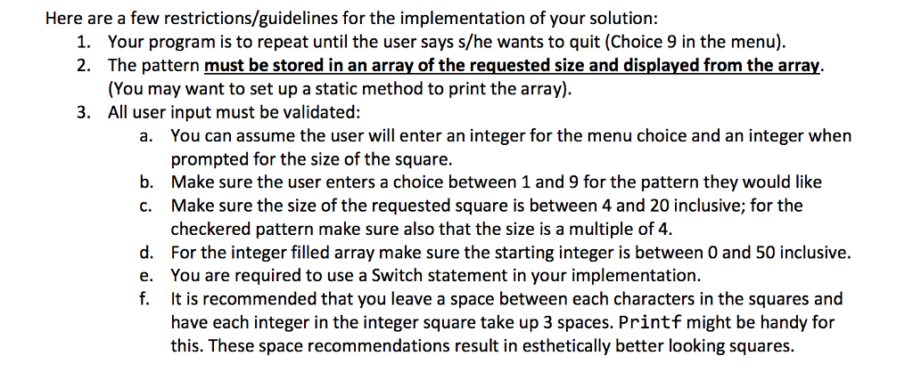 patterned squares. The size of the square must be between 4 and