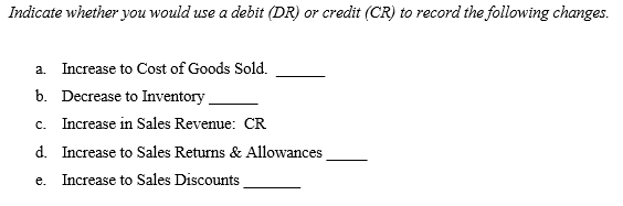  Indicate whether you would use a debit (DR) or credit (CR)
