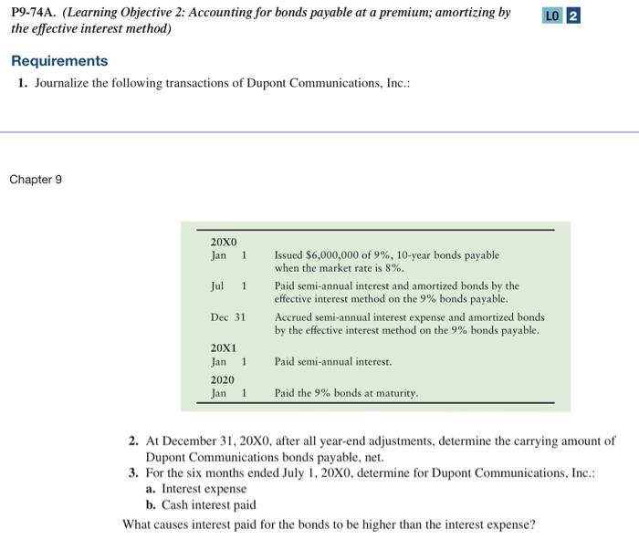  P9-74A. (Learning Objective 2: Accounting for bonds payable at a premium;