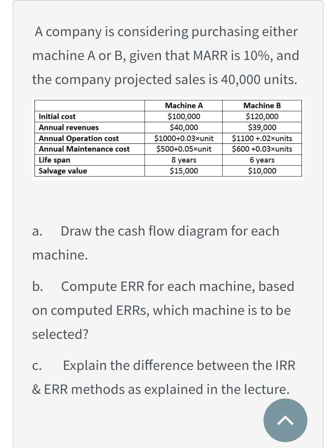  A company is considering purchasing either machine A or B, given