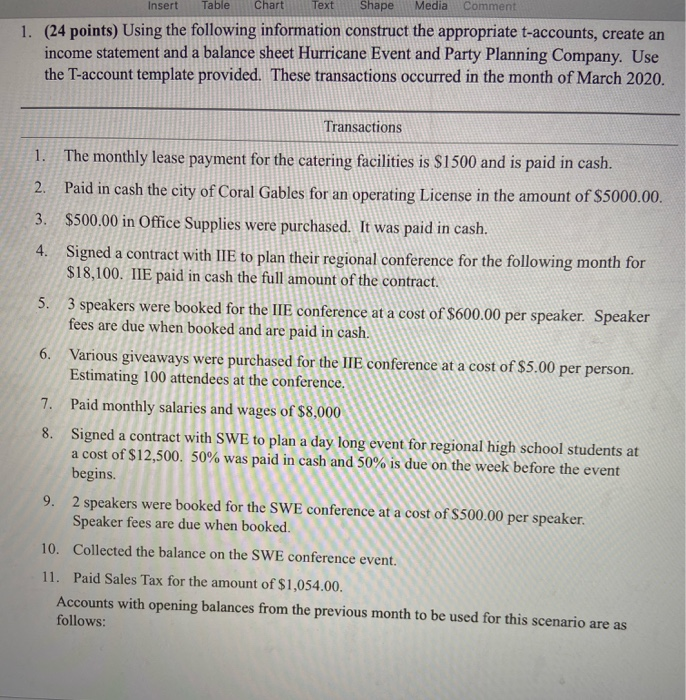  Insert Table Chart Text Shape Media Comment 1. (24 points) Using