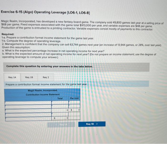  Exercise 6-15 (Algo) Operating Leverage [LO6-1, LO6-8] Magic Realm, Incorporated, has