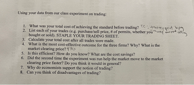  Using your data from our class experiment on trading: 1. What