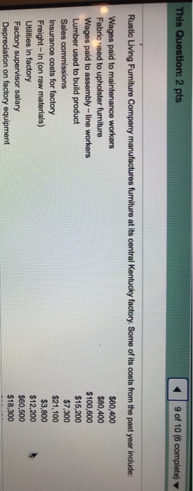  This Question: 2 pts 9 of 10 (6 complete) Rustic Living