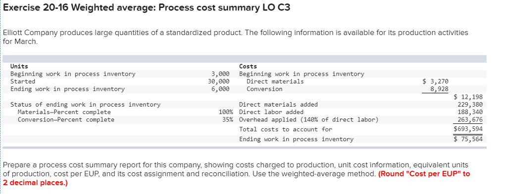  Exercise 20-16 Weighted average: Process cost summary LO C3 Elliott Company