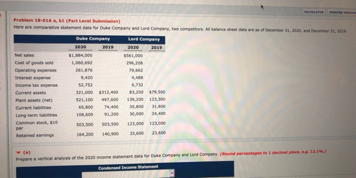  2019 CALCULATOR PRINTER VERSION Problem 18-01A a, b1 (Part Level Submission)