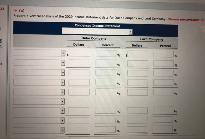 Here are comparative statement data for Duke Company and Lord Company, two