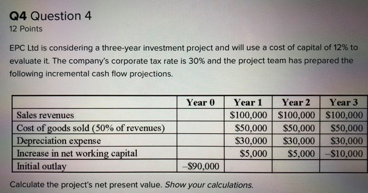Q4 Question 4 12 Points EPC Ltd is considering a three-year