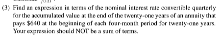  Answer: no excel please (3) Find an expression in terms of