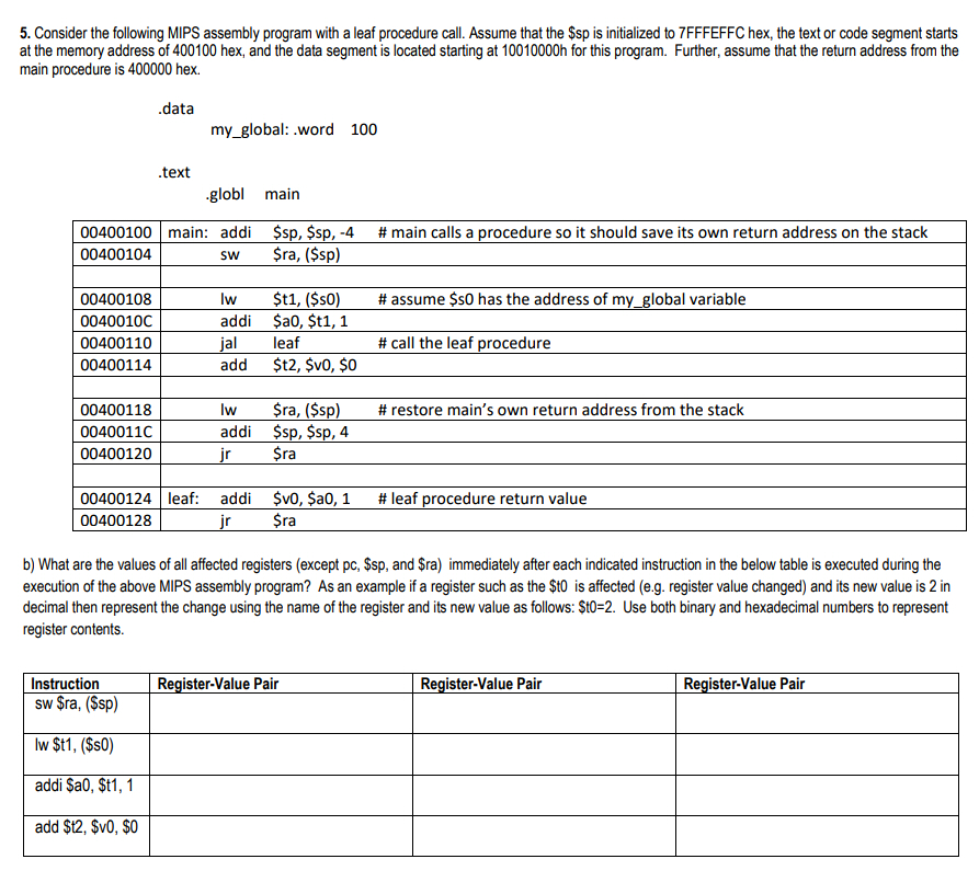  5. Consider the following MIPS assembly program with a leaf procedure