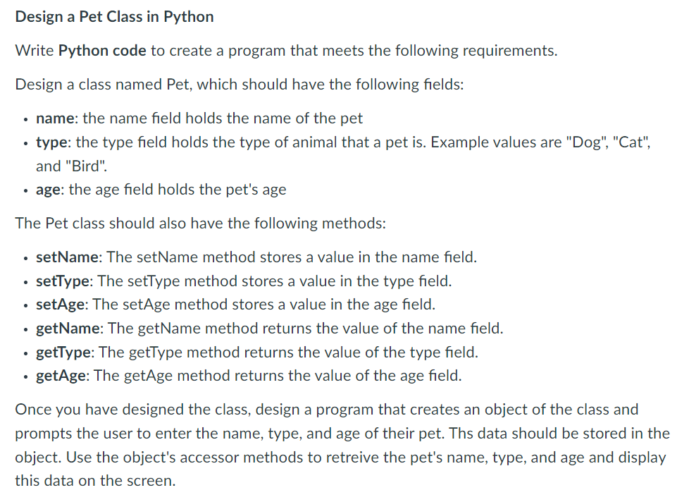  Please help me design a Pet Class in Python! The prompt