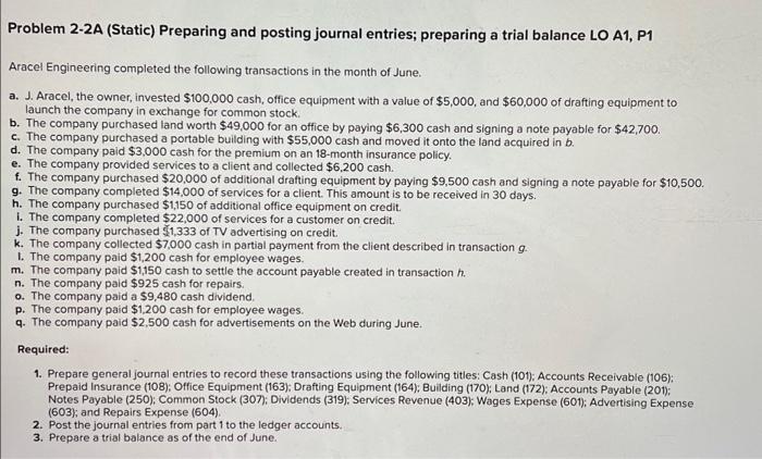  Problem 2-2A (Static) Preparing and posting journal entries; preparing a trial