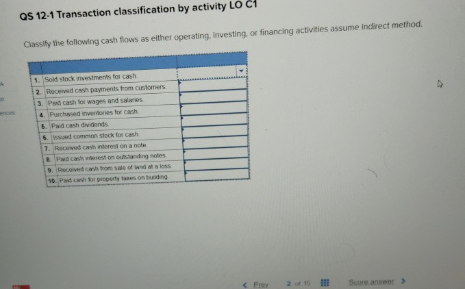  QS 12-1 Transaction classification by activity LO C1 Classify the following
