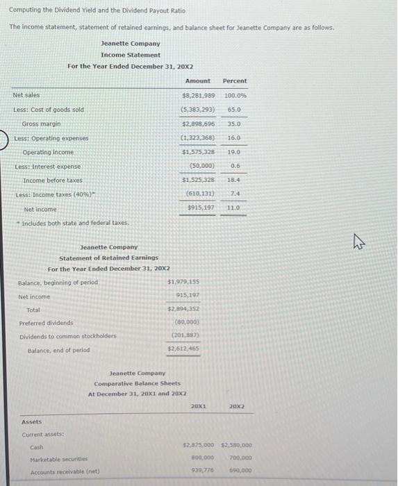  Computing the Dividend Yield and the Dividend Payout Ratio The income