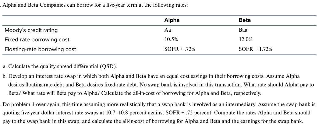  Alpha and Beta Companies can borrow for a five-year term at