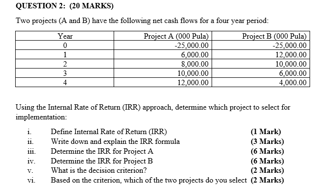  QUESTION 2: (20 MARKS) Two projects (A and B) have the
