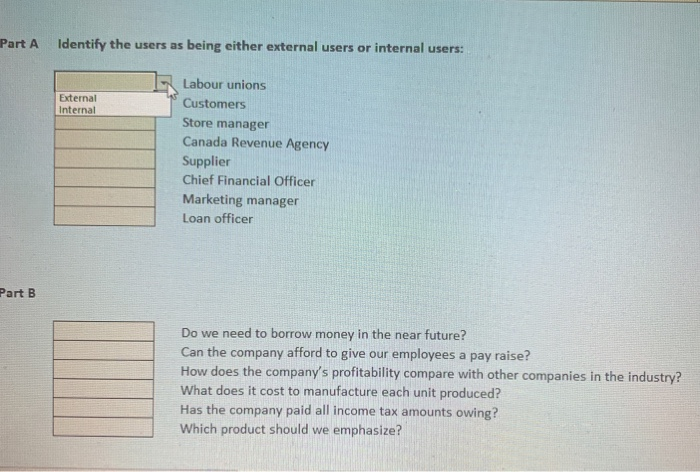  Part A Identify the users as being either external users or