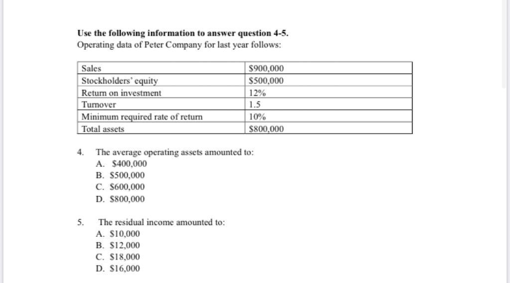  Use the following information to answer question 4-5. Operating data of