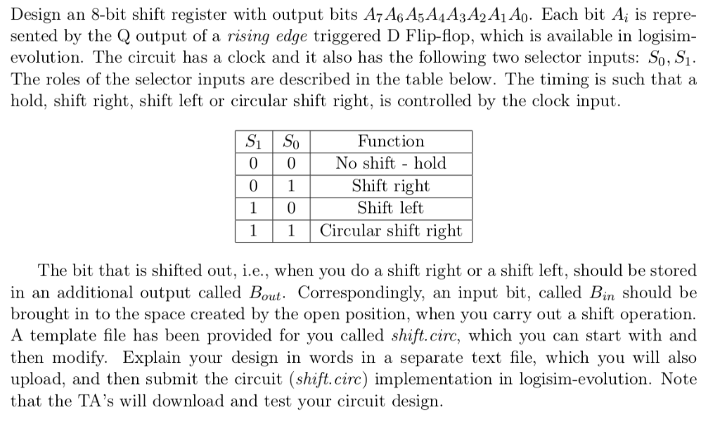 Design an 8-bit shift register with output bits A7A6 A5A4A3A2Ai Ao.