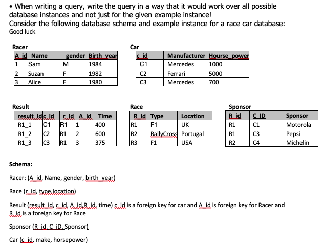  Question II-5 (3 points) Write an SQL query that returns the