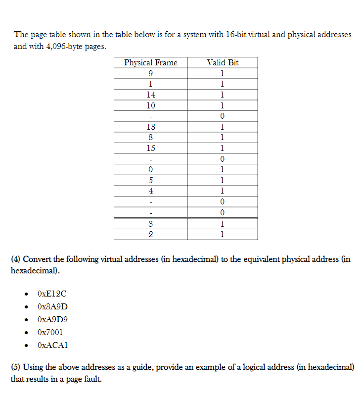 The page table shown in the table below is for a