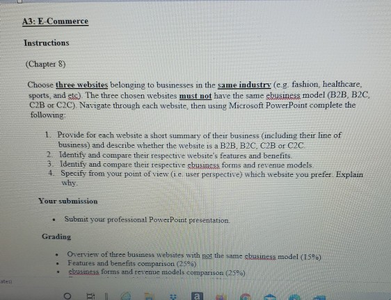  A3: E Commerce Instructions (Chapter 8) Choose three websites belonging to