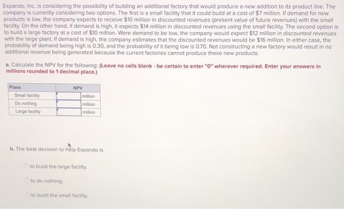  correct answers only pls!!!!!!! Expando, Inc. is considering the possibility of