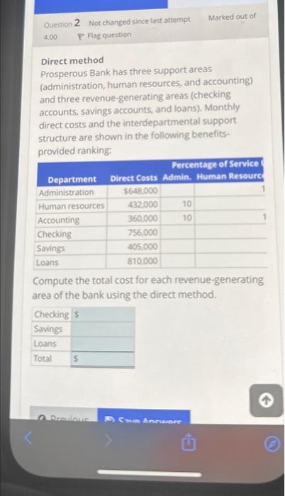  Direct method Prosperous Bank has three support areas (administration, human resources,