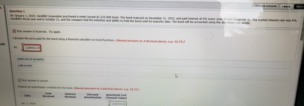  PRINTER VERSION BACK Question 1 On January 1, 2020, Sandhill Corporation