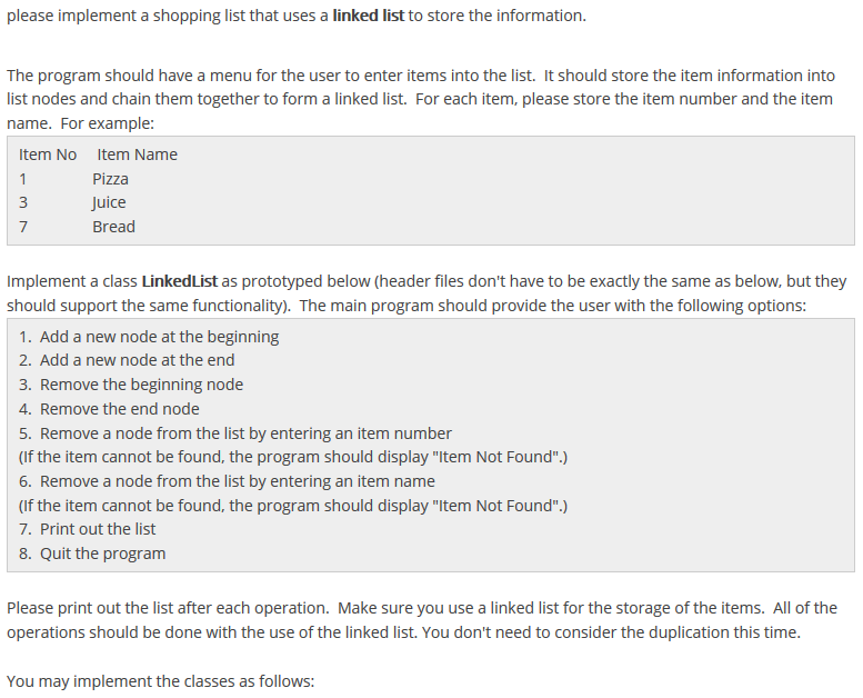 Program in C++ - read all instructions please implement a shopping list