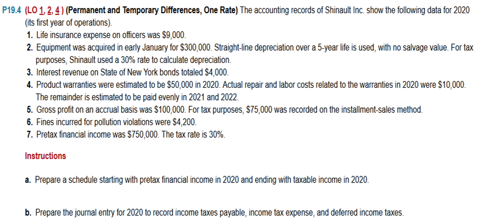  P19.4 (LO 1, 2, 4) (Permanent and Temporary Differences, One Rate)