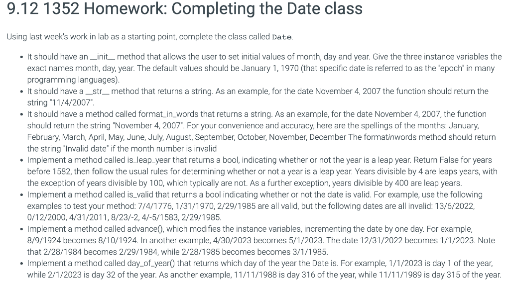  9.121352 Homework: Completing the Date class Using last week's work in