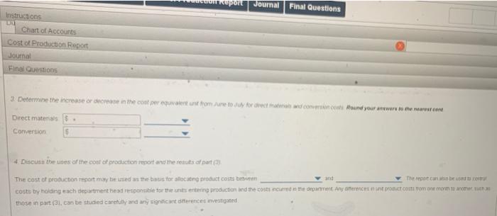 were completo poco Department w/ contes Required: 1 Prepare a cost of