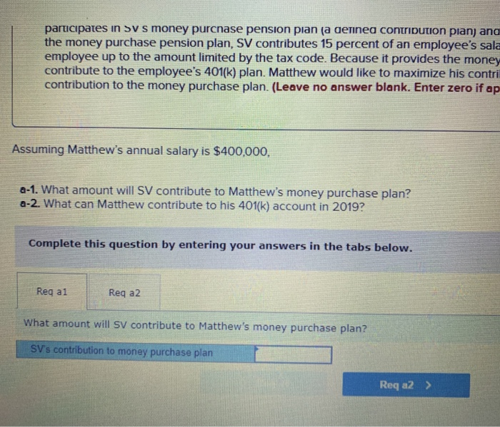 purchase pension plan, SV does not contribute to the employee's 401(k) plan.